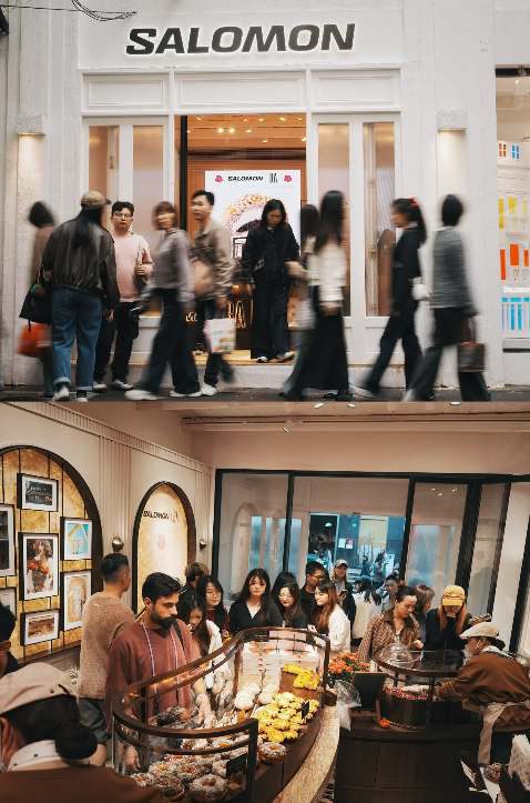 Crowd outside the BA for Salomon pop-up on Anfu Road
